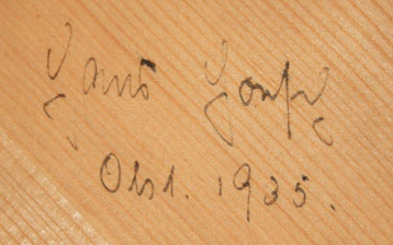 Kleincembalo 1935: Signatur auf Resonanzbodenunterseite Kleincembalo 1935: Signatur auf Resonanzbodenunterseite
